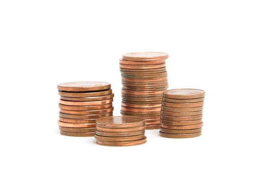 Euro money: stack of coins over white background