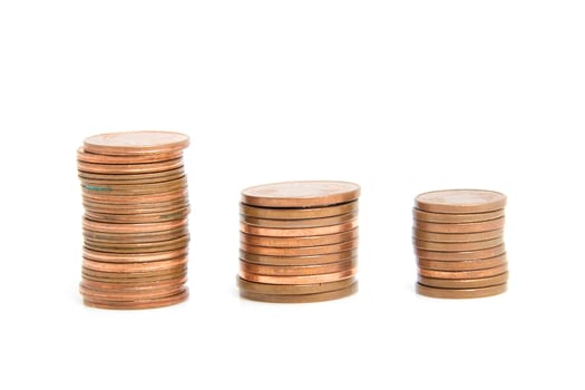 Euro money: stack of coins over white background
