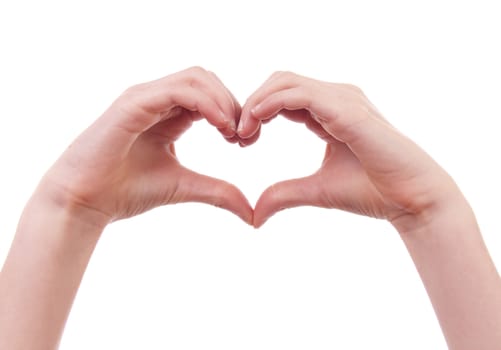 kids hands in shape of heart over white background