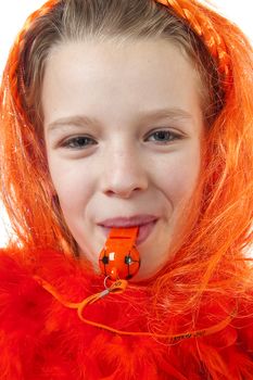 Girl is posing in orange outfit for soccer game or queensday over white background