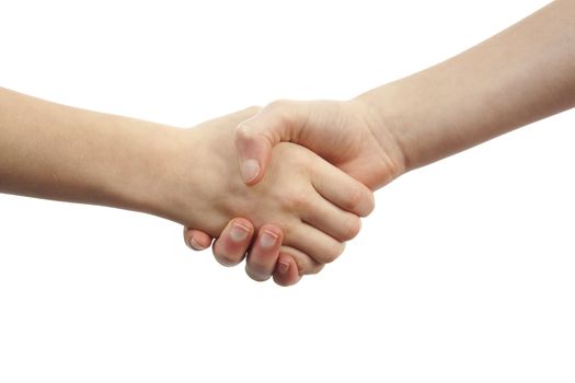 Two kids make handshake over white background