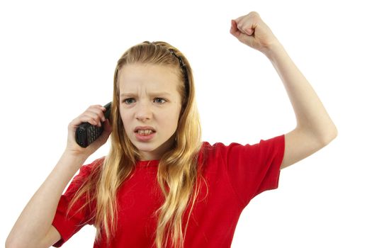 Girl is angry on the phone over white background
