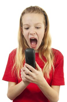 Girl is angry on the phone over white background