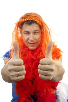 male soccer supporter makes thumbs up sign over white background