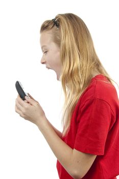 Girl is angry on the phone over white background