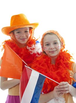 Two girls posing in orange outfit for soccer game or Dutch Queensday over white background