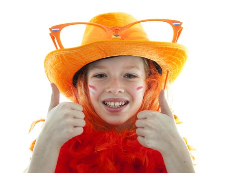 Happy soccer supporter: young blonde girl in orange outfit with thumbs up