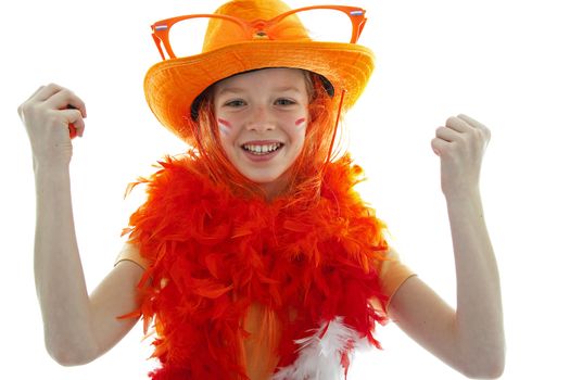 Happy soccer supporter: young blonde girl in orange outfit  is cheering
