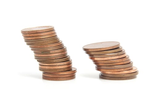 euro money: stack of coins over white background