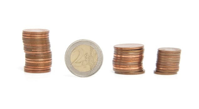euro money: stack of coins over white background