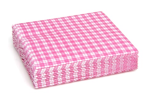 stack of pink checkered napkins isolated on white background
