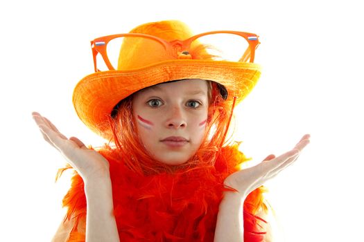 Young Dutch orange soccer supporter who does not know, over white background
