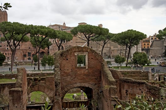 View over Foro Imperialis, Foro di Cesare in Rome Italy