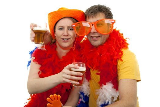 Two Dutch soccer fans in orange outfit cheering for the WK games, over white background