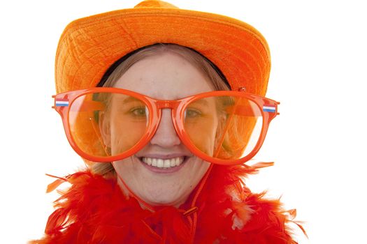 portrait of a soccer supporter with big orange glasses over white background