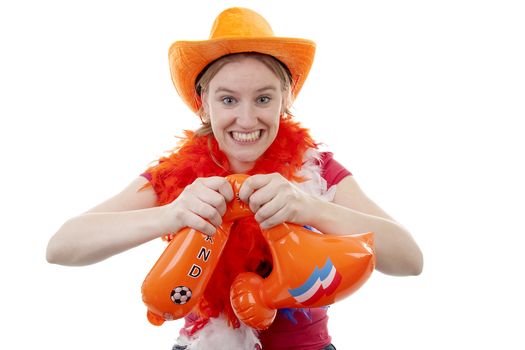 Dutch female soccer fan is angry, they lost the game, over white background