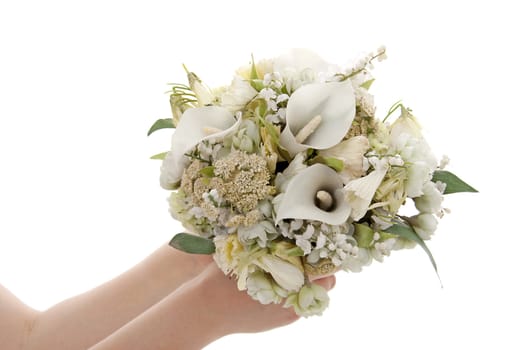 Hand is holding bridal bouquet over white background