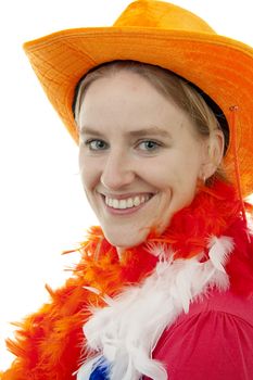 Portrait of Dutch soccer fan in closeup over white background
