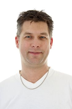 Portrait of a young man in white t-shirt is looking into camera over white background