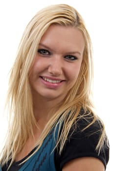 Portrait of young blonde woman over white background