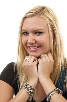 Portrait of young blonde woman over white background