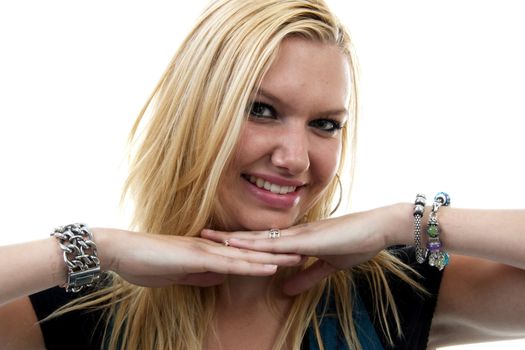 Portrait of young blonde woman over white background