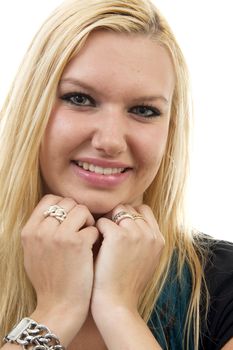 Portrait of young blonde woman over white background