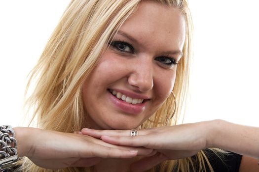 Portrait of young blonde woman over white background