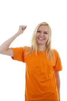 portrait of Dutch soccer fan in orange outfit over white background