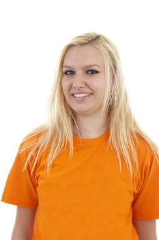 portrait of Dutch soccer fan in orange outfit over white background