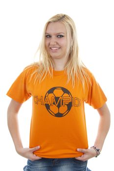 portrait of Dutch soccer fan in orange outfit over white background