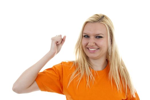 portrait of Dutch soccer fan in orange outfit over white background