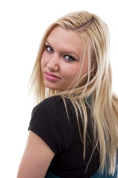 Portrait of young blonde woman over white background