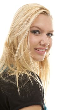 Portrait of young blonde woman over white background