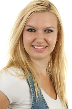 Portrait of young blonde woman over white background