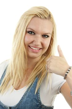 Young blonde woman with thumbs up over white background