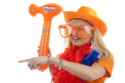soccer supporter in orange outfit with blown up hammer over white background