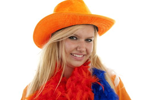portrait of Dutch soccer fan in orange outfit over white background