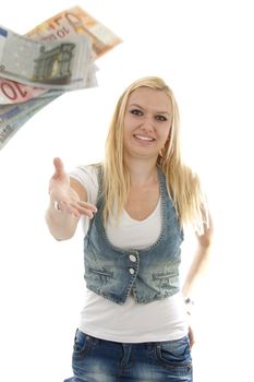 Young blonde woman throws euro money over white background