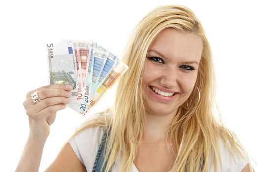 Young woman is holding euro money isolated on white background