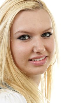 portrait of young blonde woman in closeup over white background