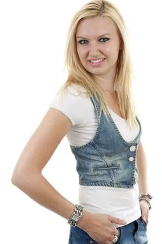 young blonde woman over white background