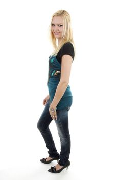 beautiful young woman posing over white background