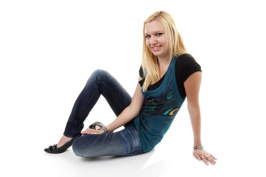 beautiful young woman posing over white background