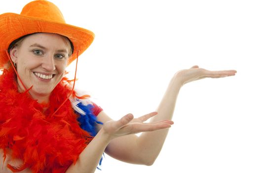 Dutch female soccer supporter is pointing over white background