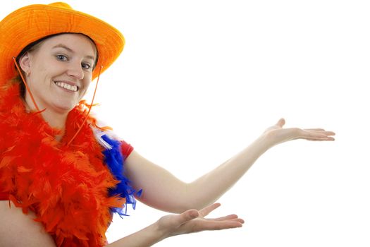 Dutch female soccer supporter is pointing over white background