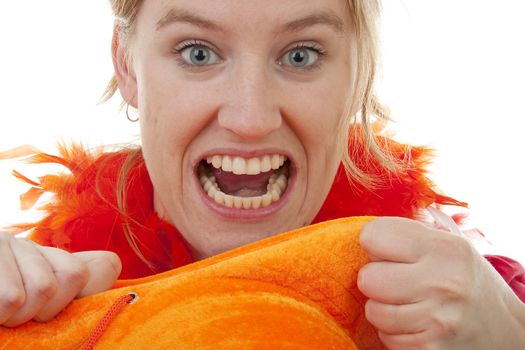 Dutch female soccer fan is angry, they lost the game, over white background