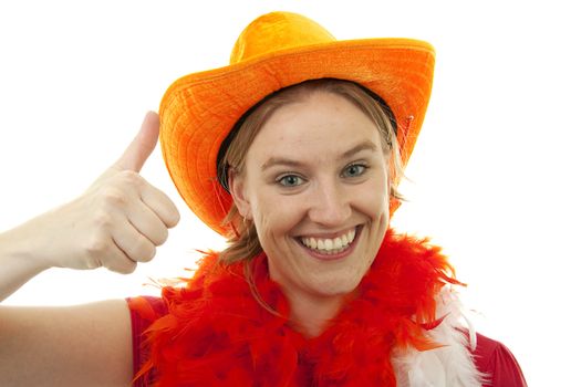 portrait of Dutch soccer fan in orange outfit with big glasses and thumbs up over white background