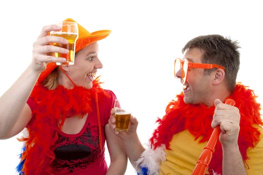Two Dutch soccer fans in orange outfit cheering for the WK games, over white background