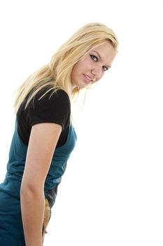 Young blonde woman is posing over white background